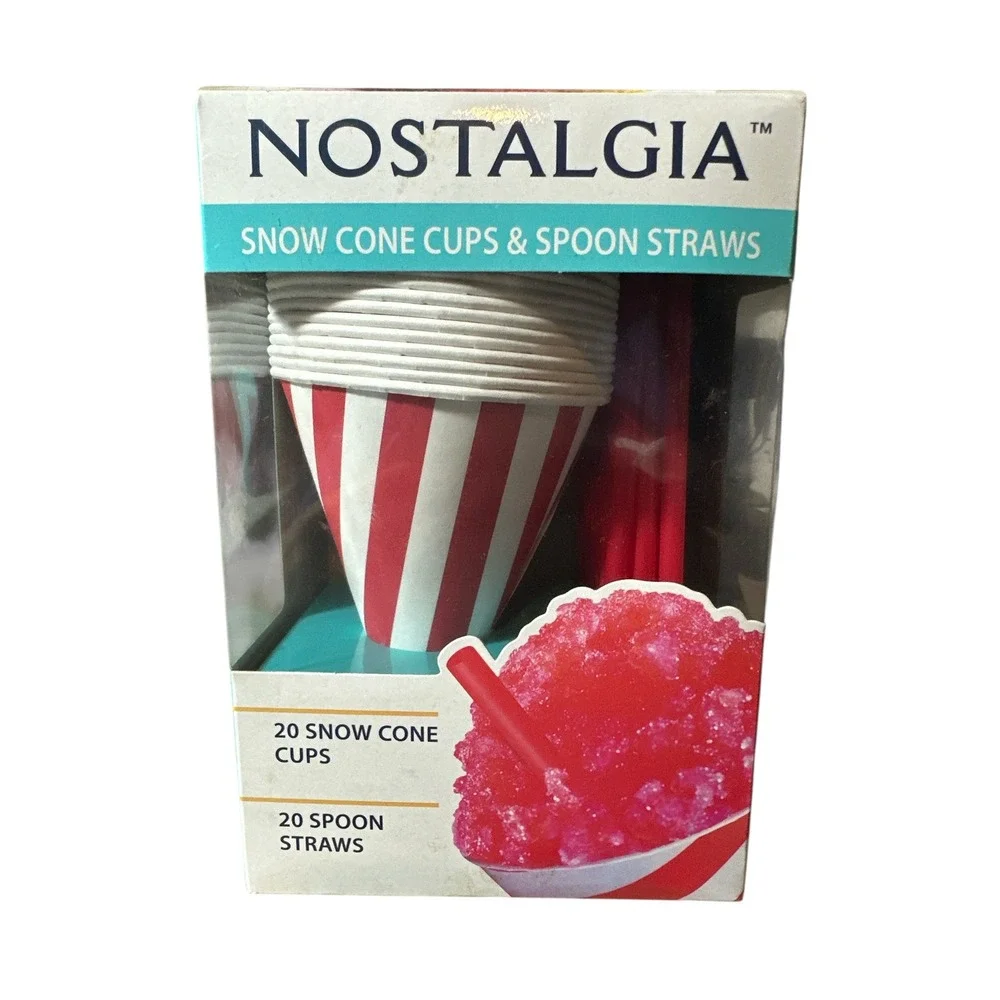 Nostalgia Snow Cone Cups x‎ 20 & Spoon Straws x 20 Shaved Ice New in Sealed Box