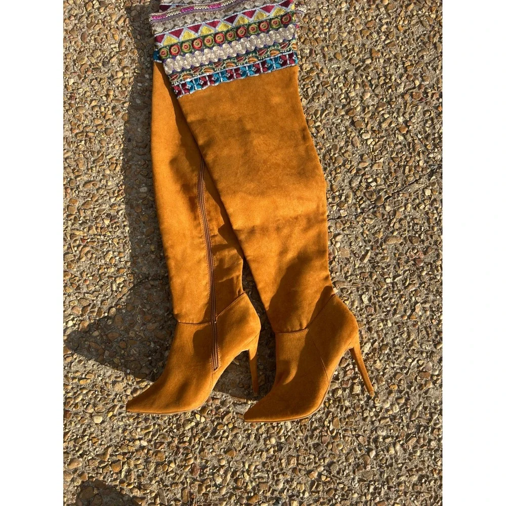 Anna Michelle Thigh High Boots Women 8 Tan Good Embroidered Sequin Boho Stiletto