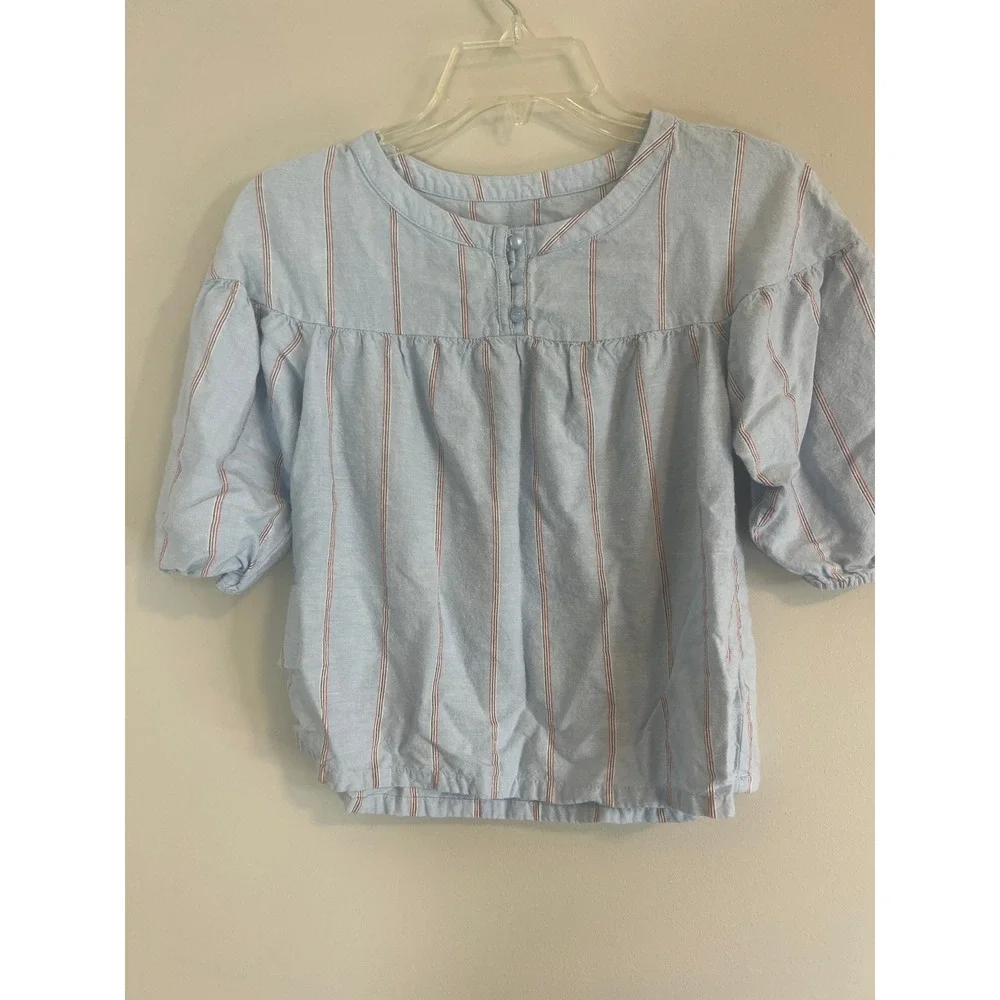 Old Navy Girls Blue Striped Linen Blend Puff Sleeve Blouse Top Size M 8