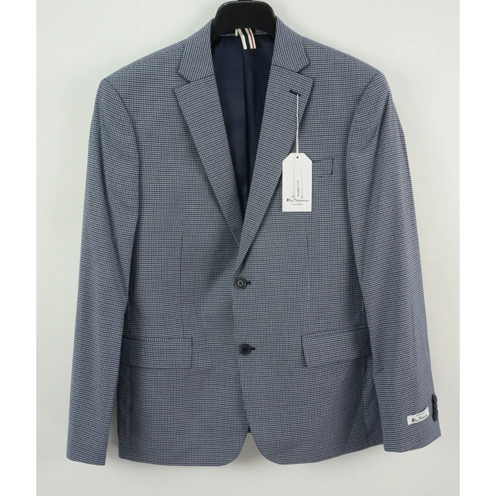 New $360 Ben Sherman Men's 40R Blue Woven Check Stretch Vented Notch Suit Jacket