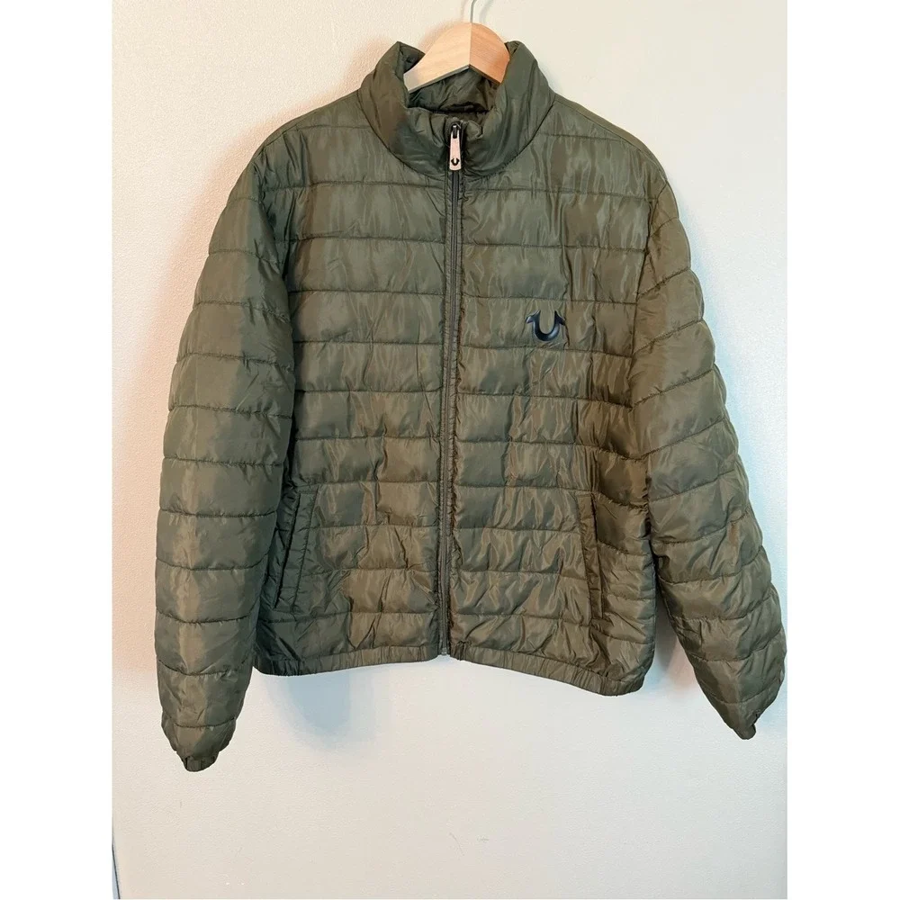 True Religion Men's Olive Green Puffer Jacket Logo Zip