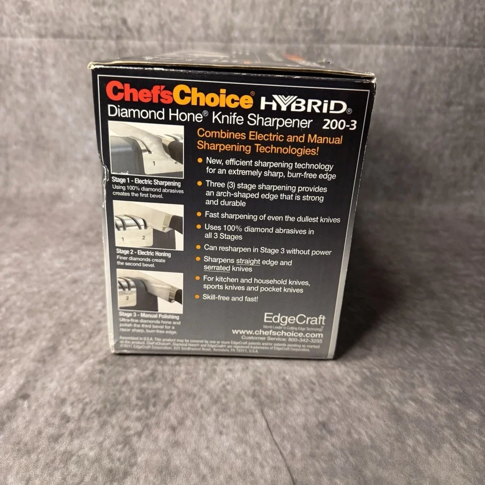New Chefs Choice Hybrid Model 200-3 3-Stage Knife Sharpener w/ Diamond Hone