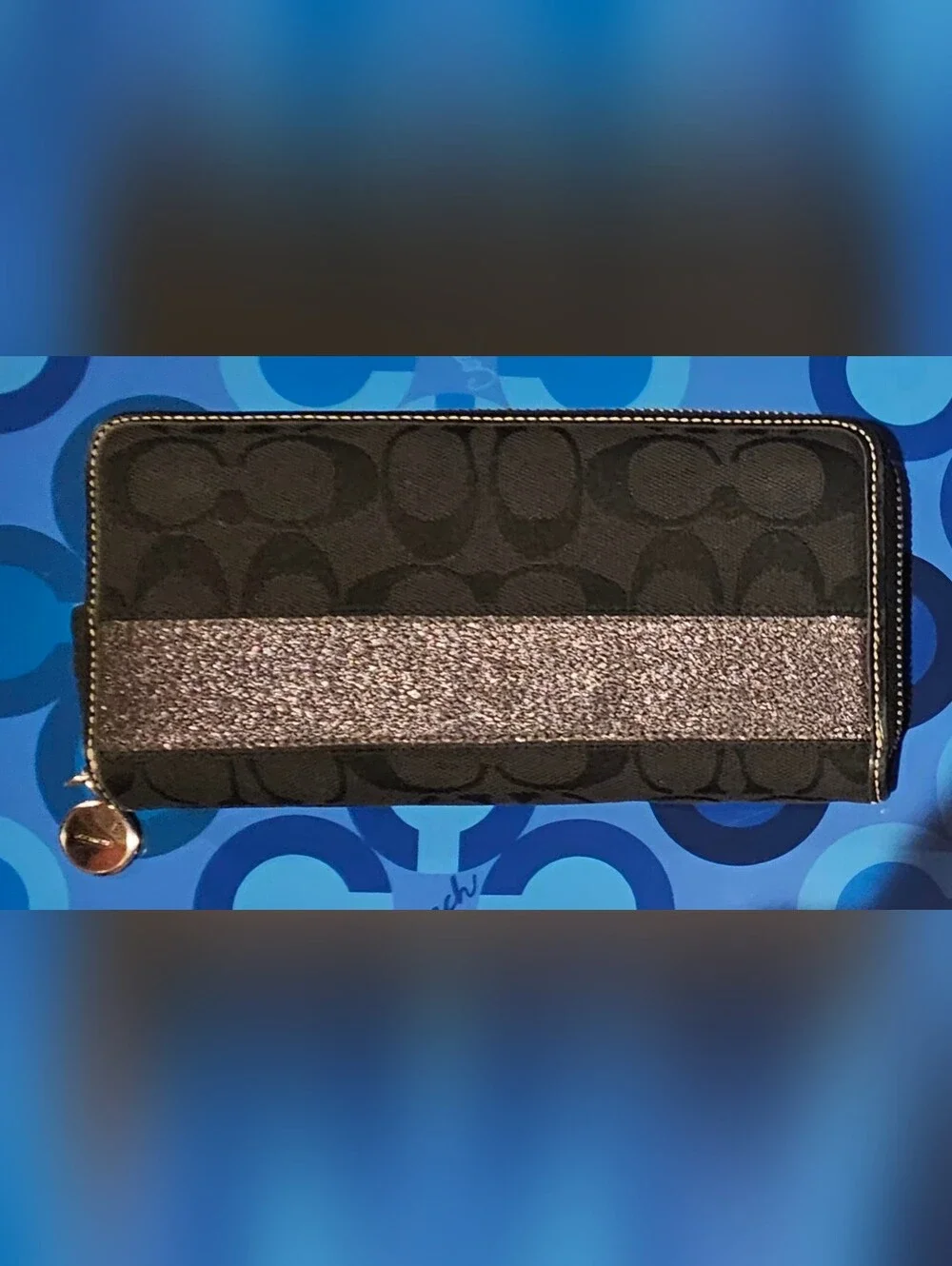 Coach Legacy Black Signature Zip Wallet with Metallic Stripe