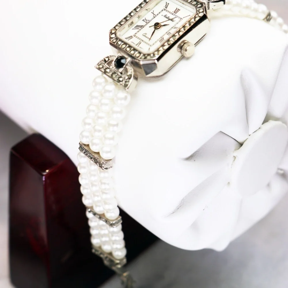 Elegant Vintage Netsuke Pearl & Marcasite Watch