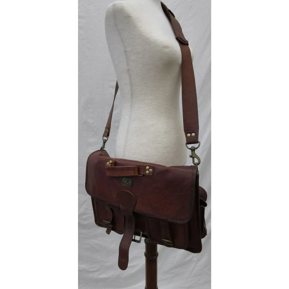 Cuero Handmade Leather Messenger Bag Unisex Brown Leather 11 Pockets #W5112