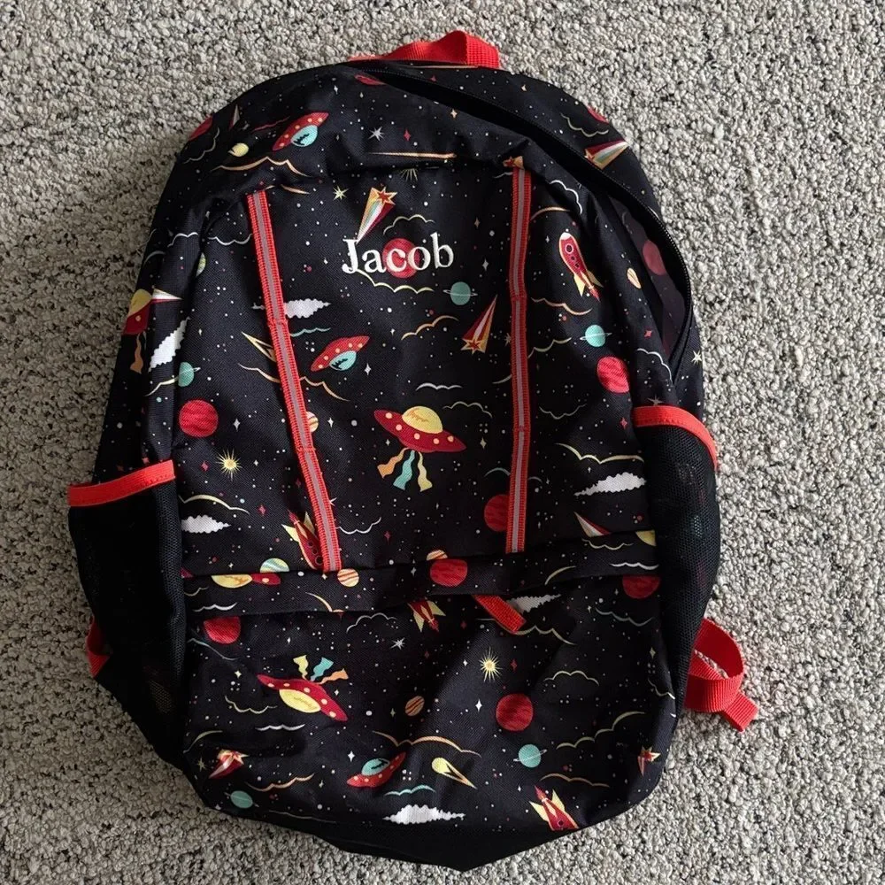 New! Lands' End Black Backpack Multicolor Space Design “Jacob” Monogram