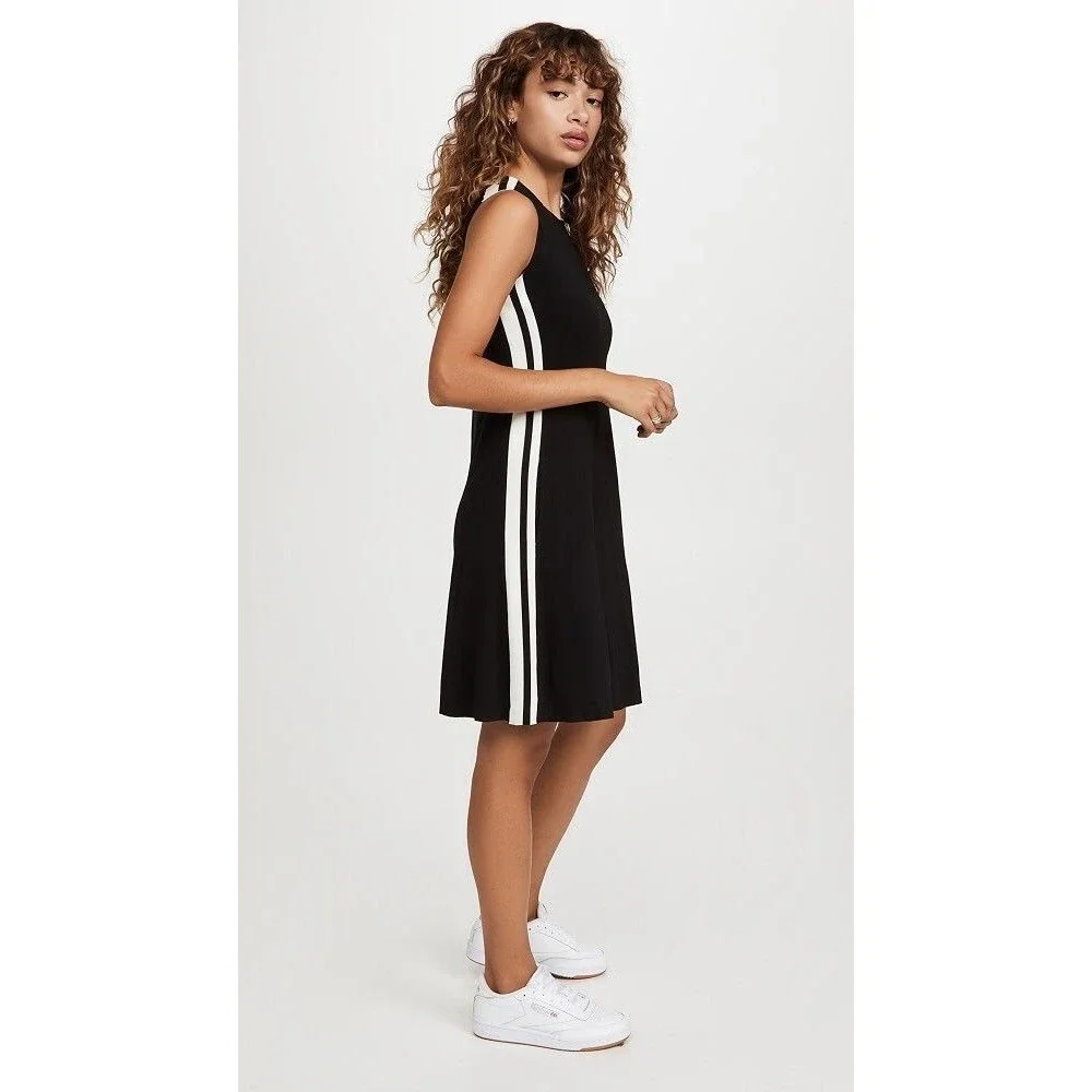 Norma Kamali Side Stripe Sleeveless Swing Dress Black White Stripe S Small