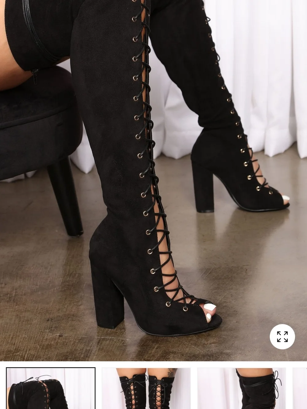 Fashion Nova Black Lace-Up Over-the-Knee Peep-Toe Block Heel Boots