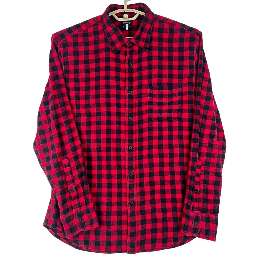 J.Crew Flannel Shirt Mens Large (L) Red Black‎ Buffalo Check Classic Fit Cotton