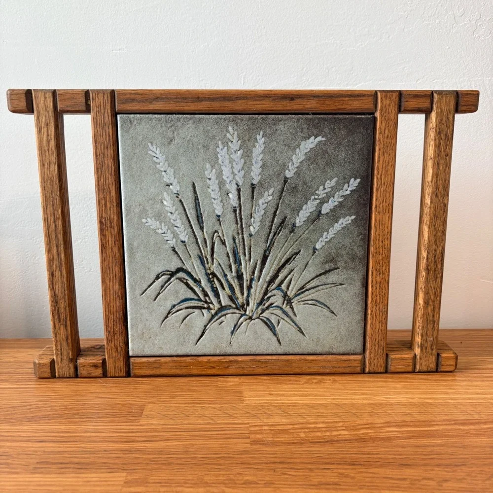 Unbranded Trivet Ceramic Tile Wheat Design Oak Wood Frame Brown Gray‎ 14.5x9.5in