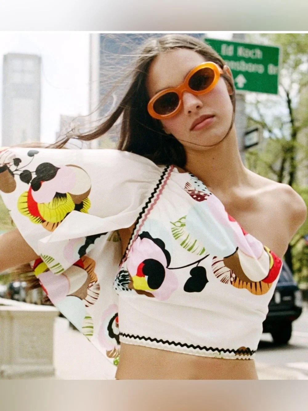 Zara Pink, Black & White Floral One-Shoulder Asymmetrical Top. Medium