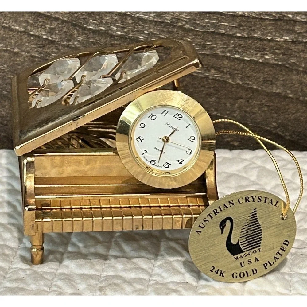 Vintage 24K Gold Plate Austrian Crystal Grand‎ Piano Figure Mascot W/clock