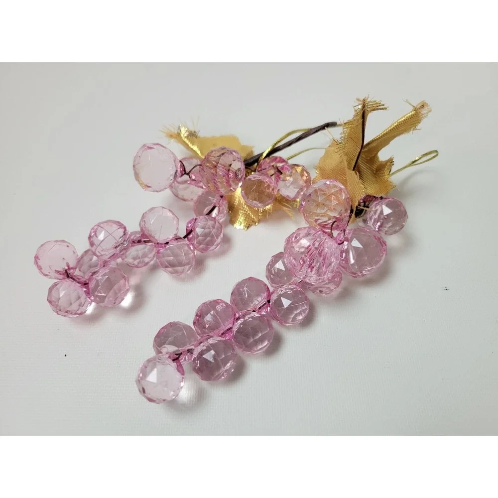 Vintage Faux Pink Acrylic Faceted Grapes Decorative Fruit Hanging Ornaments Pair