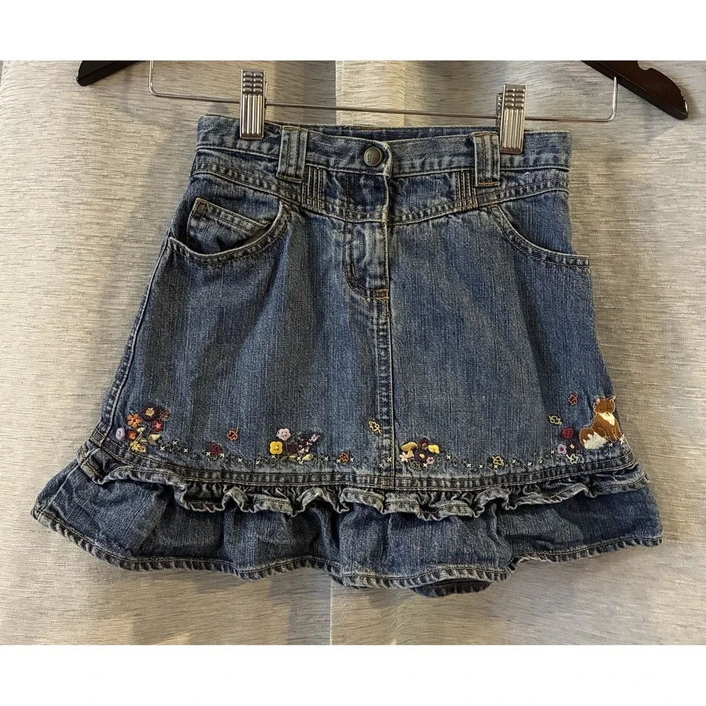 Vintage Gymboree Embroidered Denim Skirt Youth‎ Size 7 Floral Animal