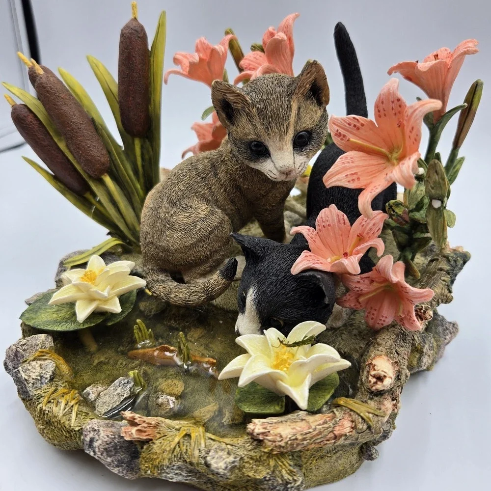 2001 Lenox Figurine Afternoon‎ Amazement Kittens Cats Flowers Koi Pond Rare Read