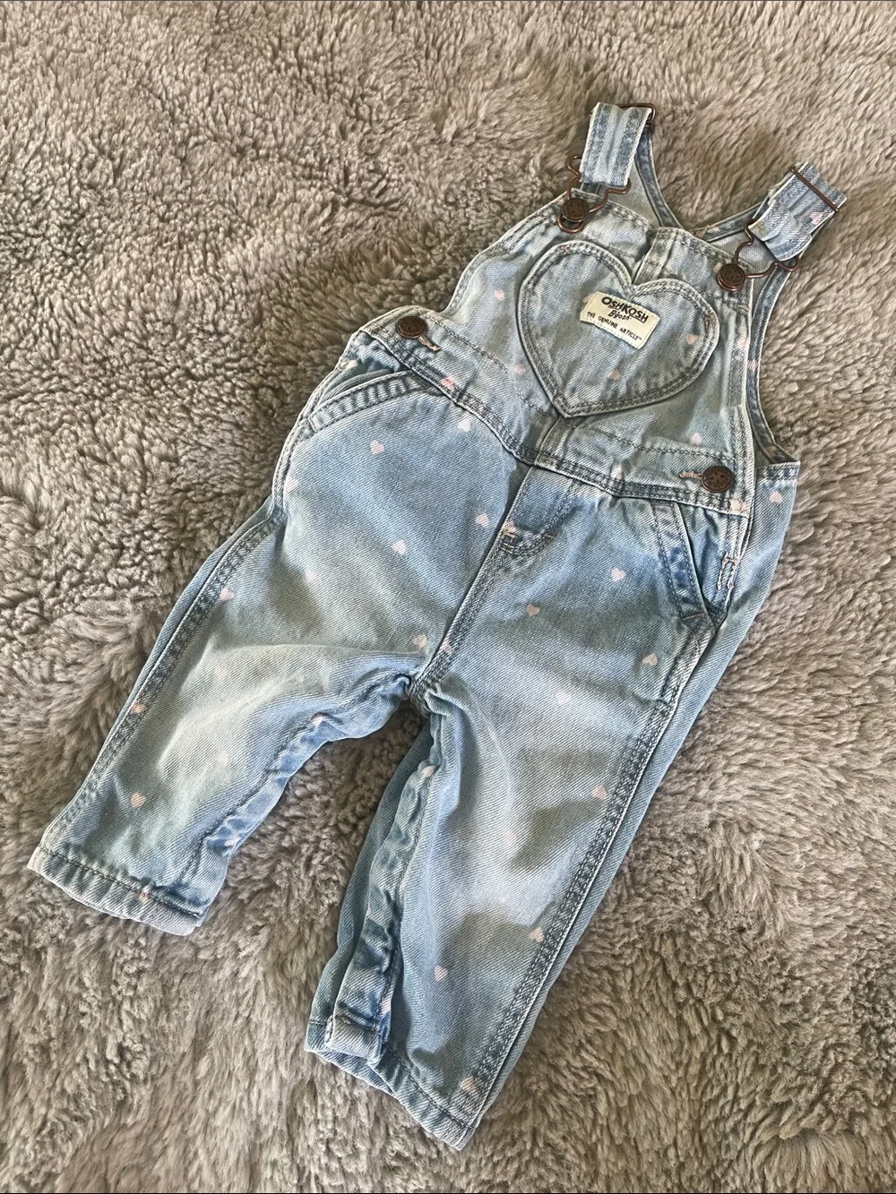 OshKosh B'gosh Light Blue Denim Heart Pocket Overalls with Pink Hearts