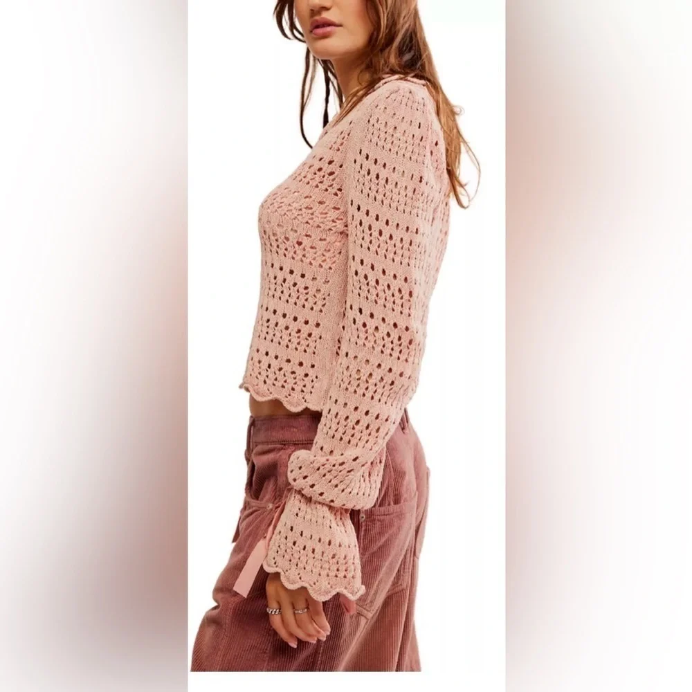 Free People Pointelle Knit Collared Sweater, Mauve Rose, Size M