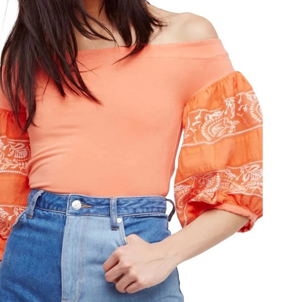 Free People Orange Stretch Blouse with Embroidered Puff Sleeves size XS