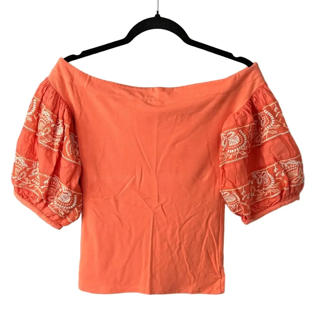 Free People Orange Stretch Blouse with Embroidered Puff Sleeves size XS