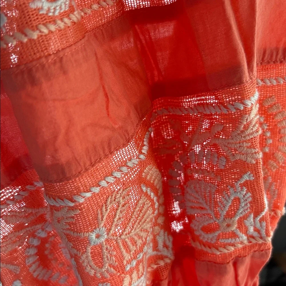Free People Orange Stretch Blouse with Embroidered Puff Sleeves size XS