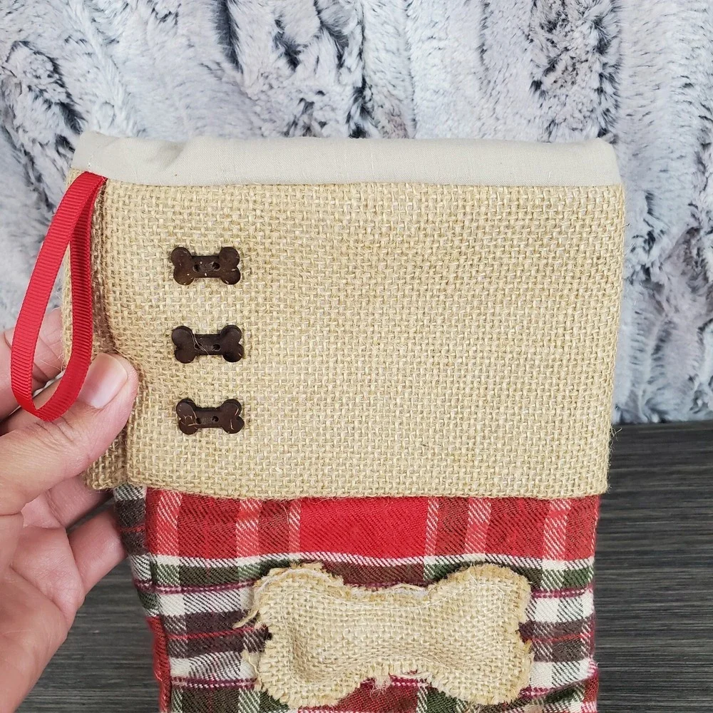 Domain Christmas Red Plaid and Burlap Dog Pet Stocking with Button Bones 16