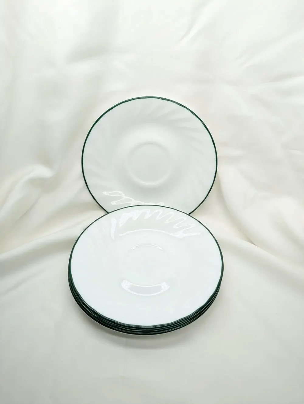 Set of 4 Corelle Callaway Ivy  Saucers Mug Plates Swirl Green Rim 6 1/4