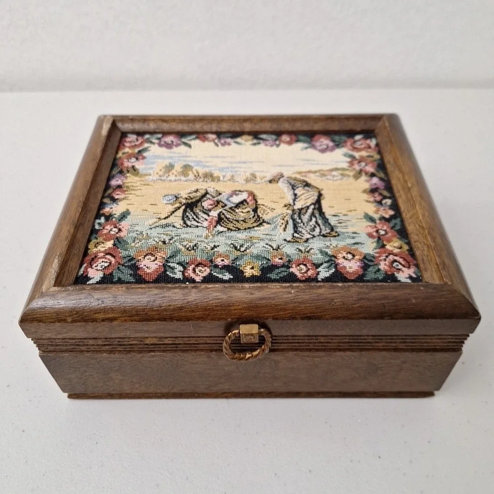 Vintage Tapestry Jewelry Box Art Floral Women Working Field Country Farmhouse