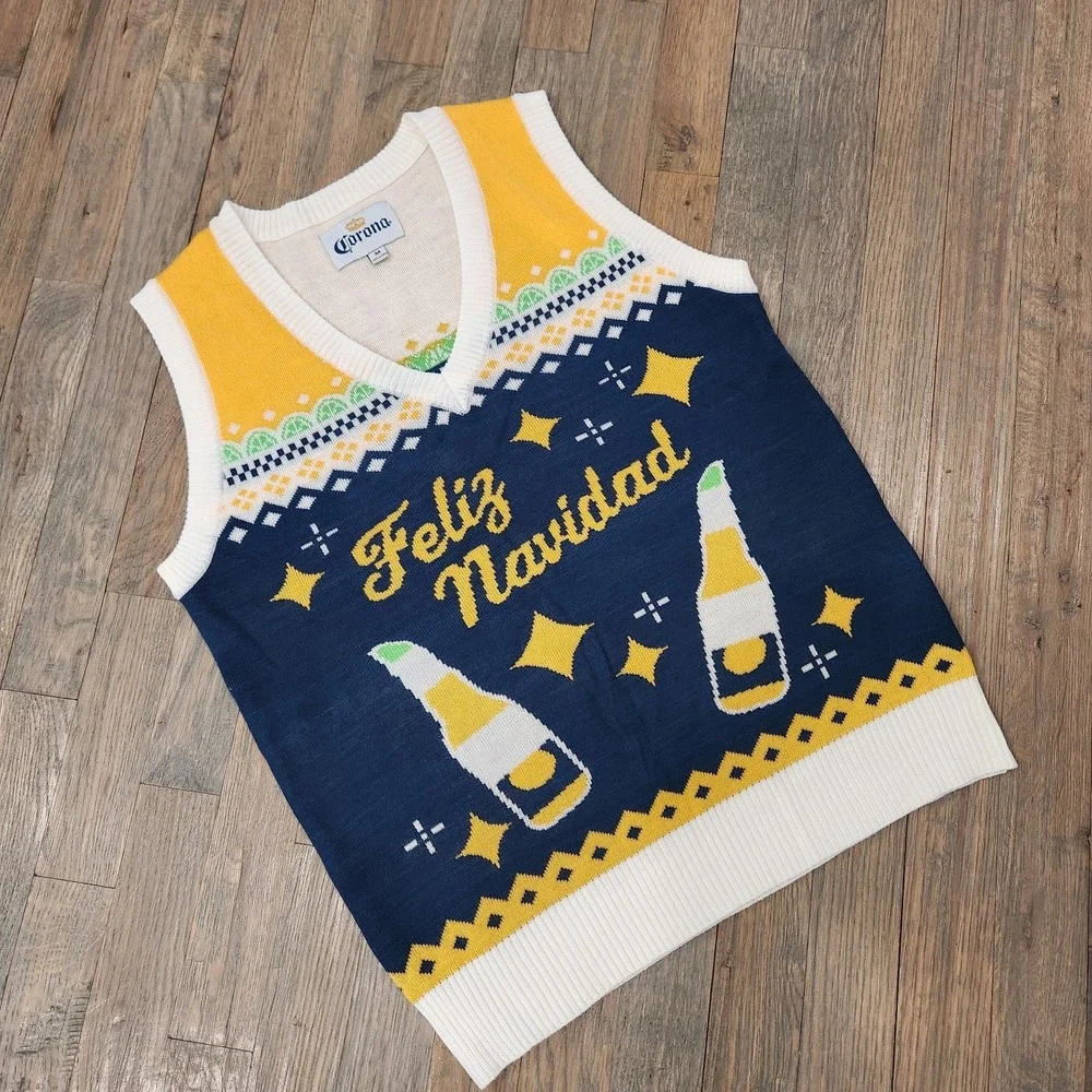 Corona Beer Knit Mens Sweater Vest‎ Christmas Feliz Navidad Size Medium Cerveza
