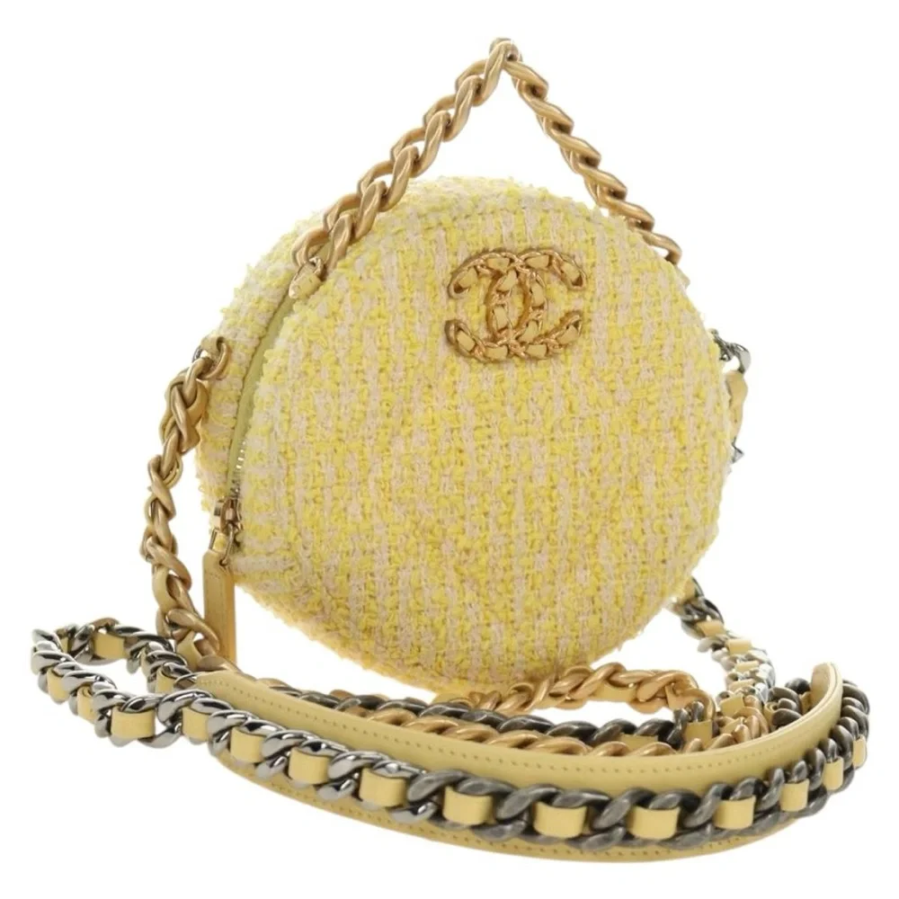 CHANEL Chain Shoulder Bag Tweed 2way Yellow