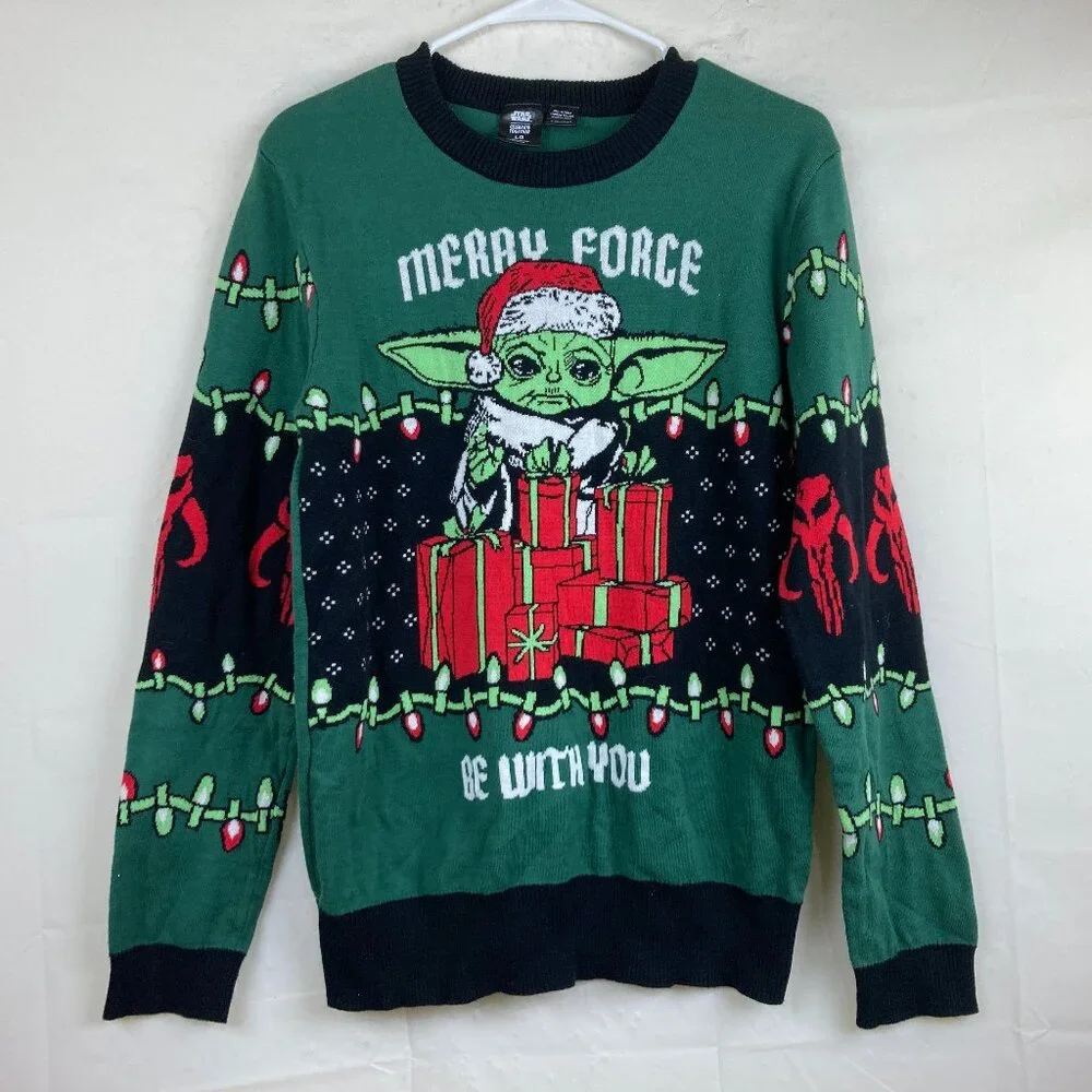 Star Wars Christmas Sweater Mens Sz M/ L The Mandalorian Yoda Green‎ Holiday