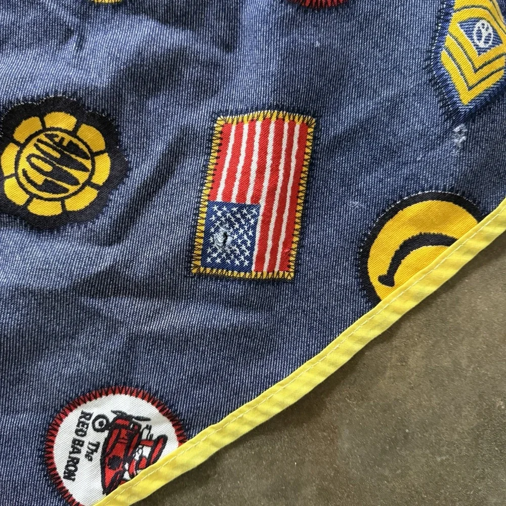 Vtg 1960's Patch Logo Denim Look Twin Bedspread STP Roadrunner Red Baron‎ Smiley
