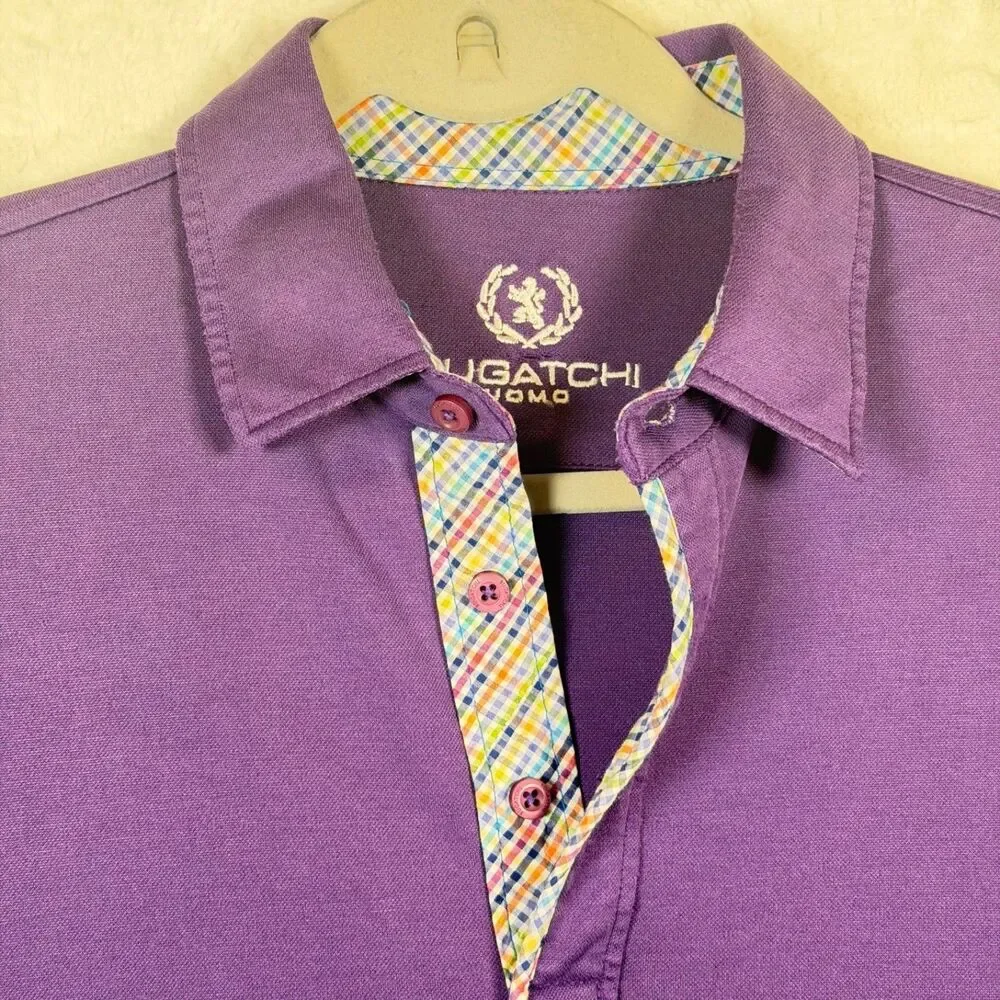 Bugatchi Uomo Polo Shirt M Purple Modal Blend Plaid Trim 3 Button Stretch
