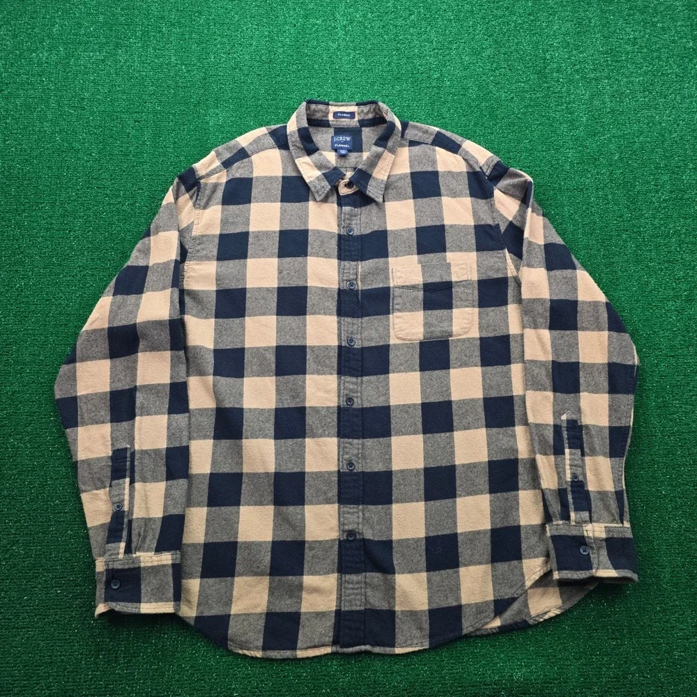 J.Crew Flannel Shirt Mens 2XL‎ Black Beige Plaid Button Up Long Sleeve Classic