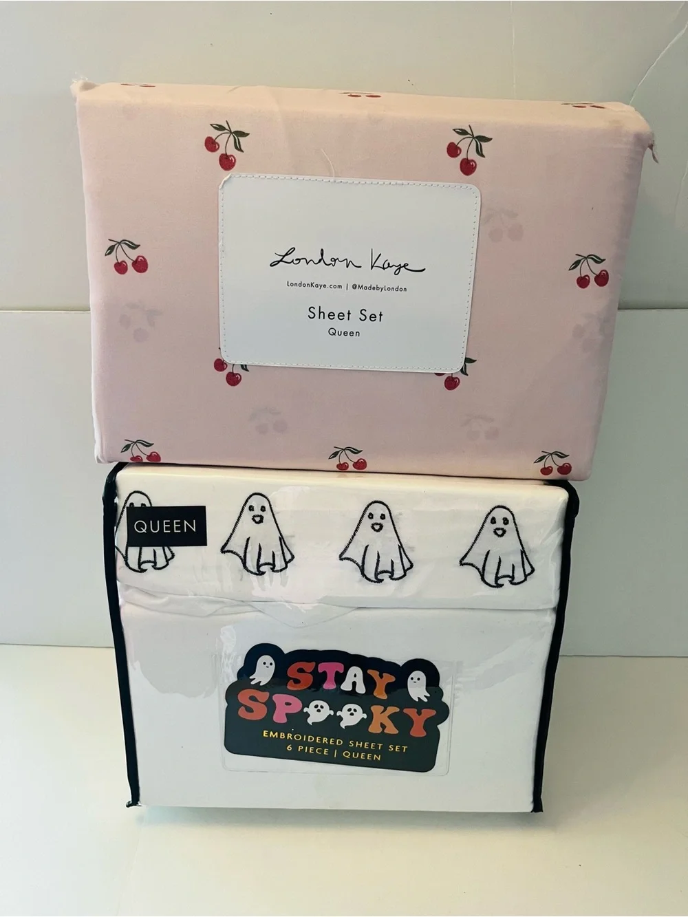 Stay Spooky & London Kaye Lot of 2 Queen Sheet Sets Embroidered Ghosts Cherries