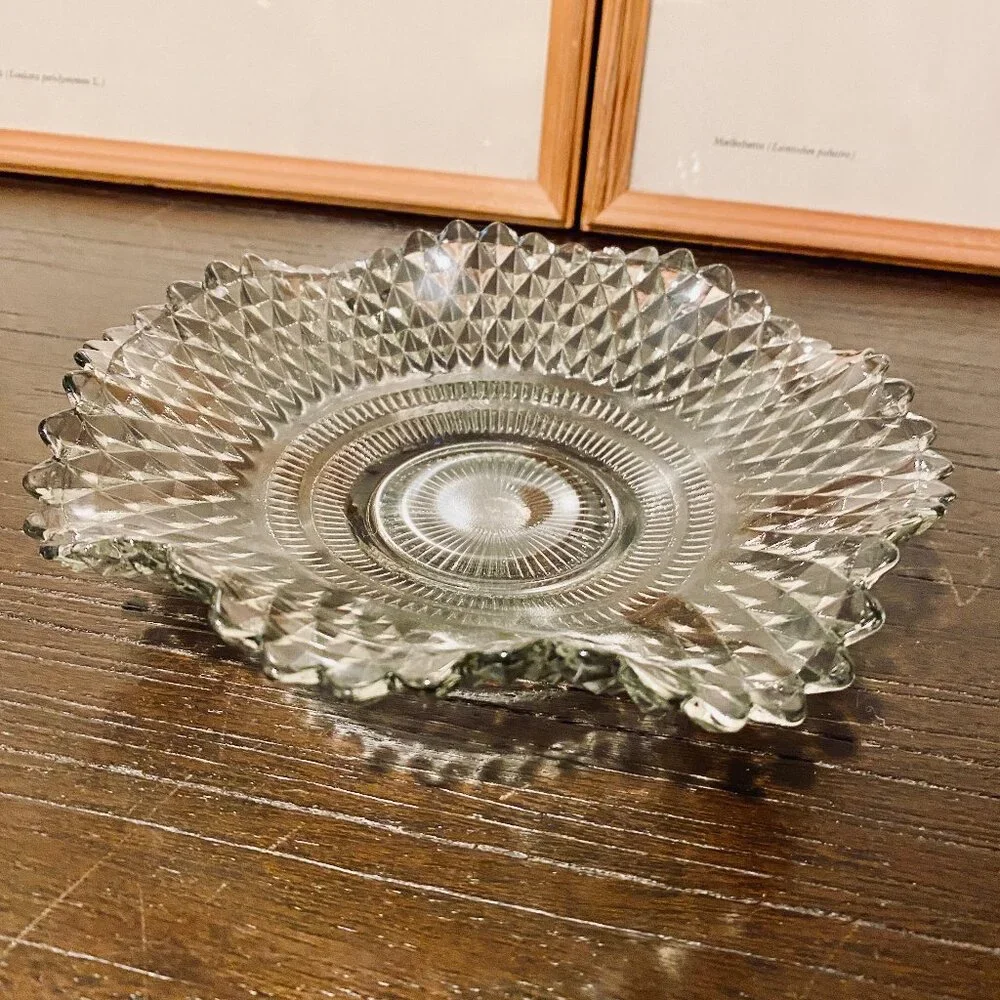 Vintage Indiana Glass Smoke Diamond‎ Point Wavy Design Candy Dish MCM 7