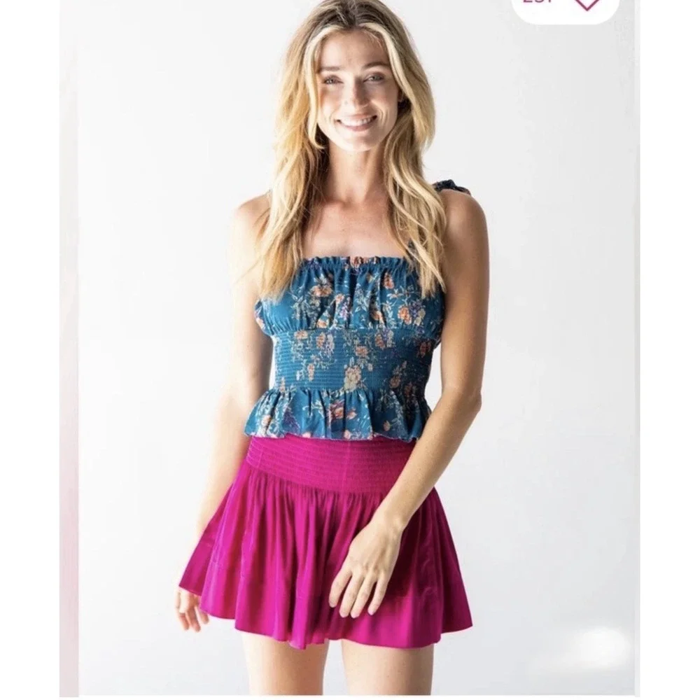 Natural Life Skort Skirt Shorts S Magenta Daisy Smocked Waist Boho Hippie Gypsy