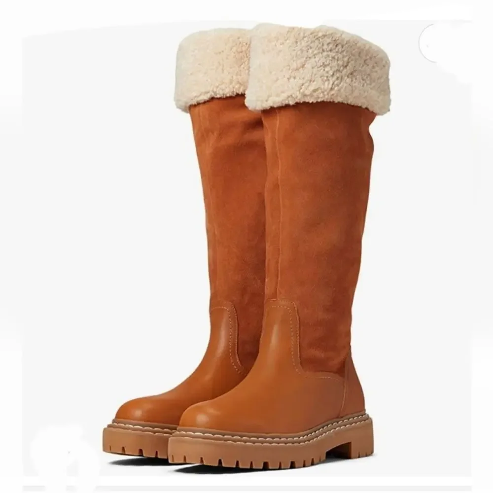 Splendid  Antonia faux fur trimmed Cognac leather boots Women's size 7.5 8 new!!