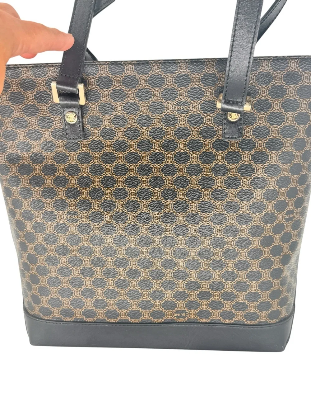 Celine Vintage Black Macadam Triomphe GHW monogram tote classic bag