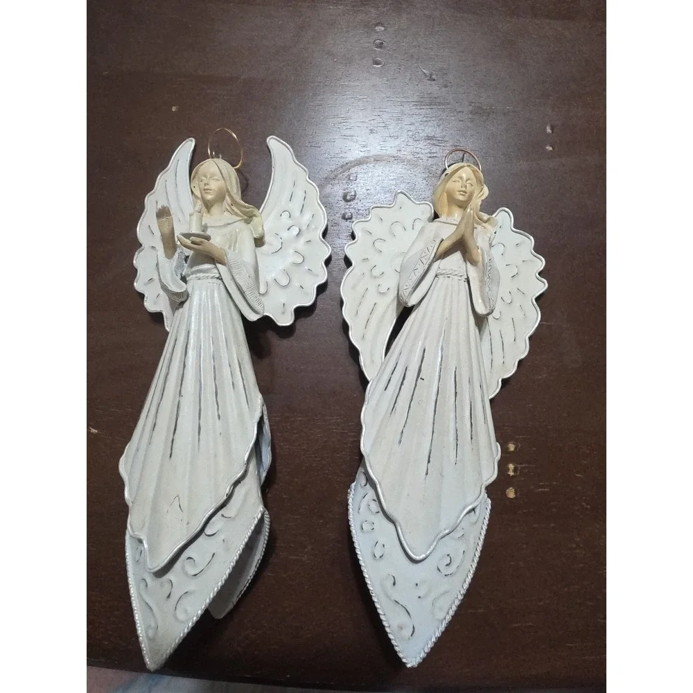 Large Set Of 2 White Color Metal Angel Ornaments. Praying And‎ Bird