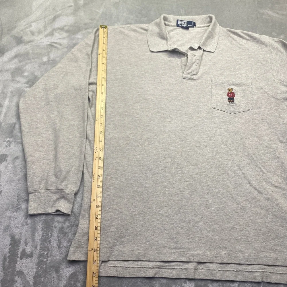 Polo Ralph Lauren Mens XL Heather Grey Long Sleeve Polo‎ Shirt Embroidered Bear