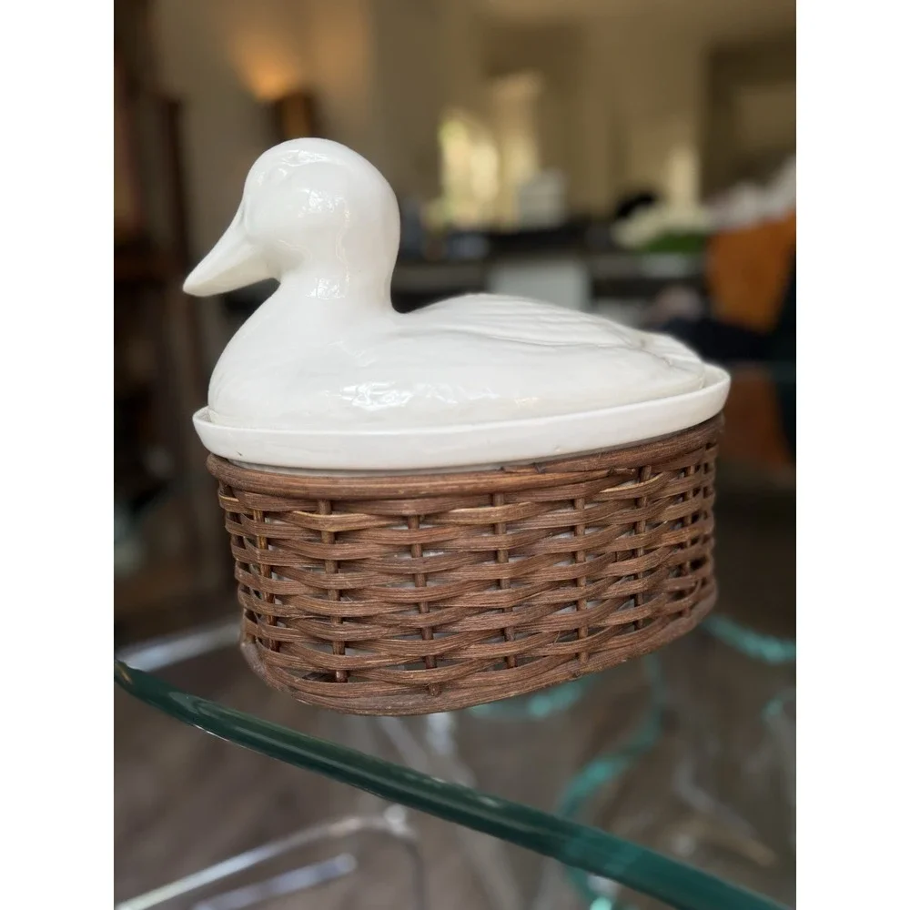 Vintage‎ French Chef Gourmet Cookware Duck on Basket Nest Covered Casserole Dish