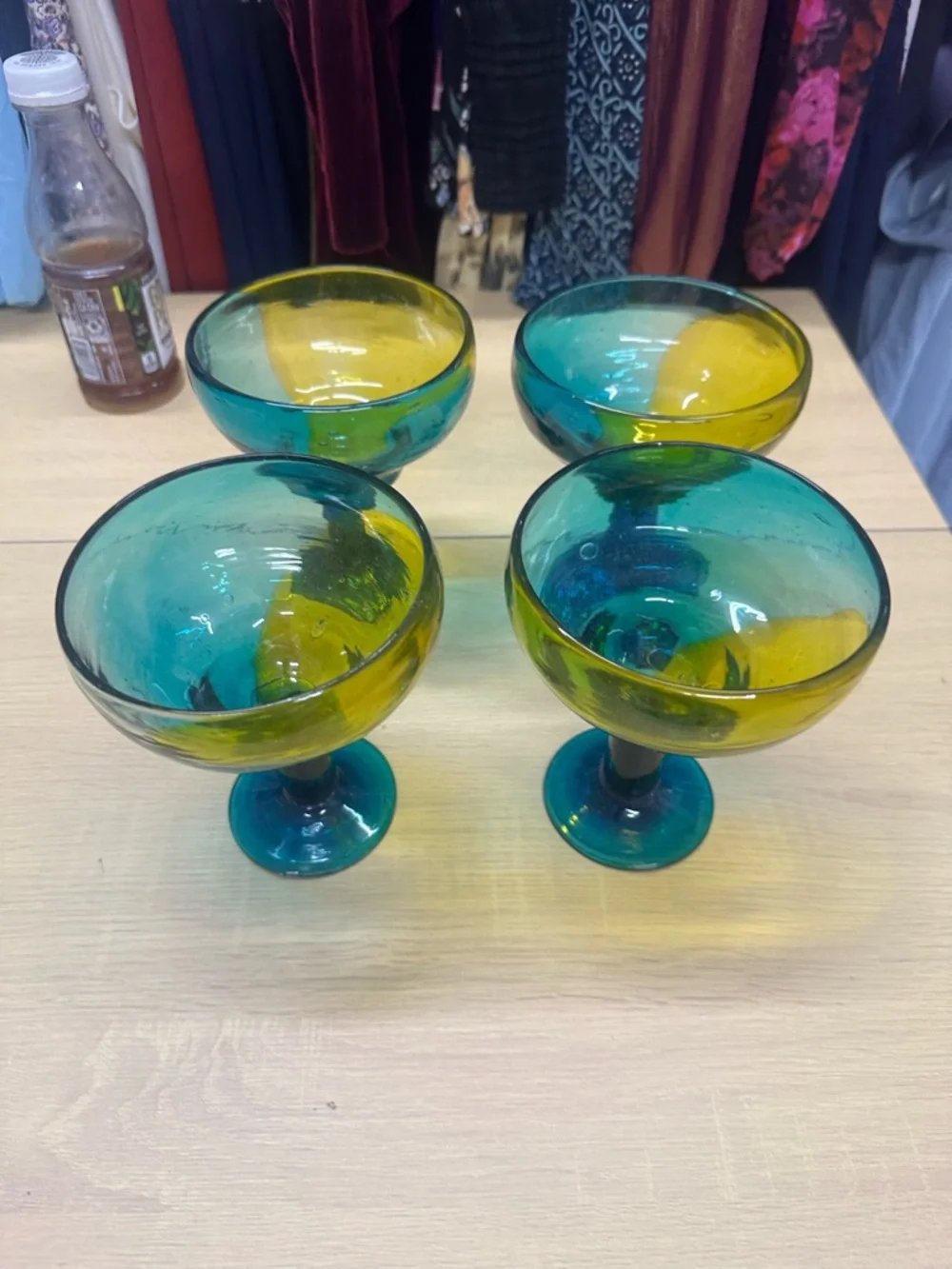 Crate & Barrel Salud Azul Blue, Green & Yellow Ombre Margarita Glasses Set 4