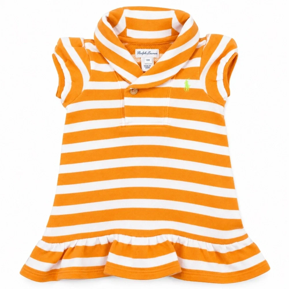 Ralph Lauren Orange & White Striped Polo Dress with Ruffle Hem