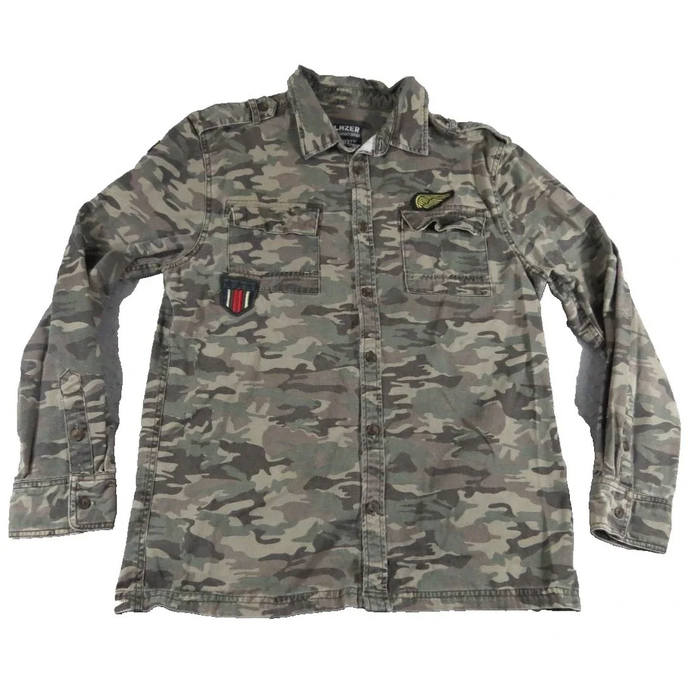 Lazer Men L Camo Military Utility Shirt Jacket Embroidered Wings Patch Shacket