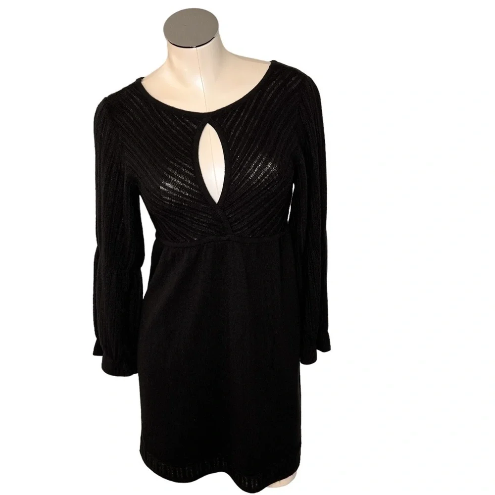 BEBE Black Knit Long Puff Sleeves Front Keyhole Dress LBD Size M