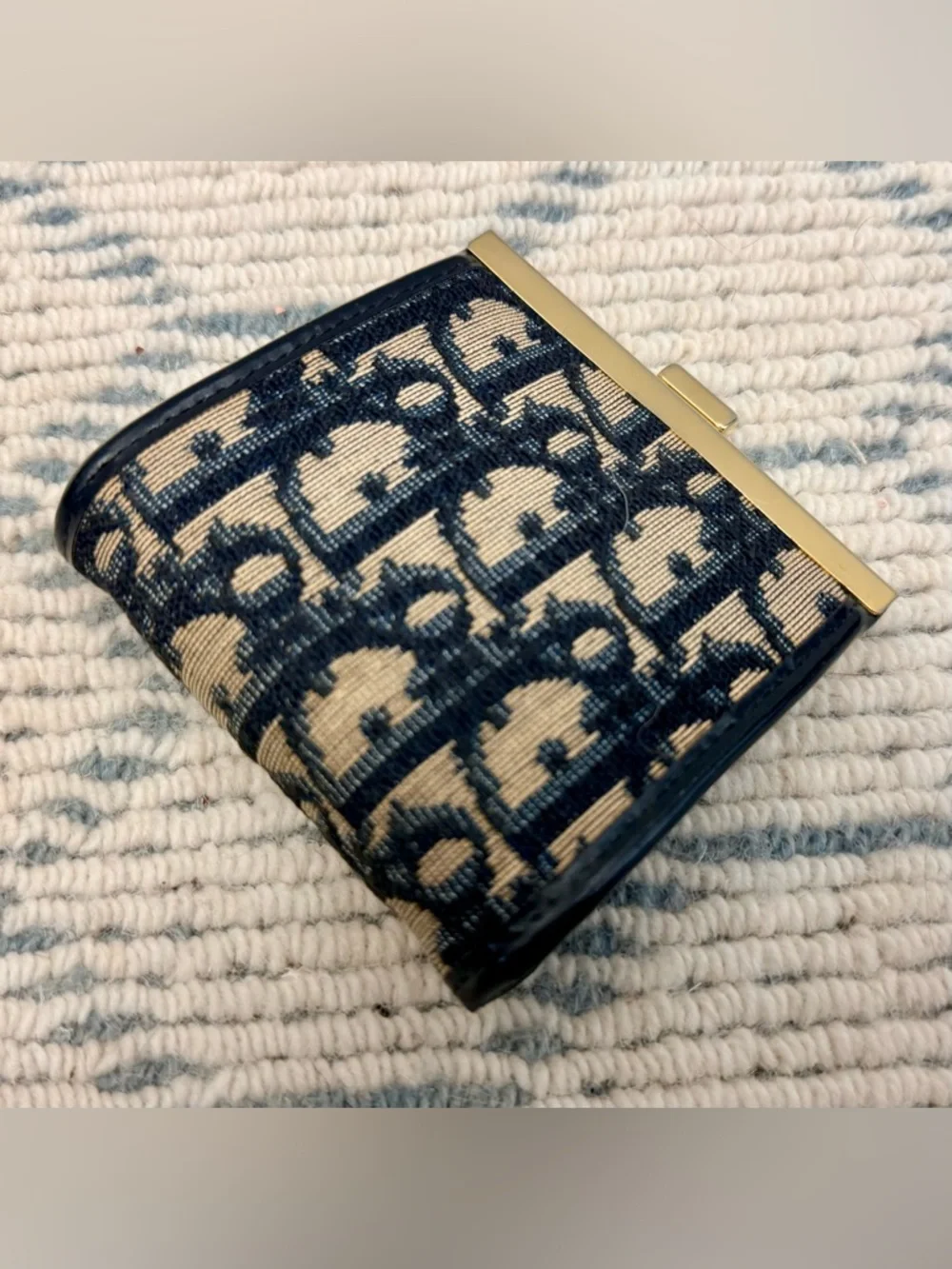 DIOR Vintage Rare Blue Trotter Monogram Canvas Kiss Lock Coin Purse W/ Gold