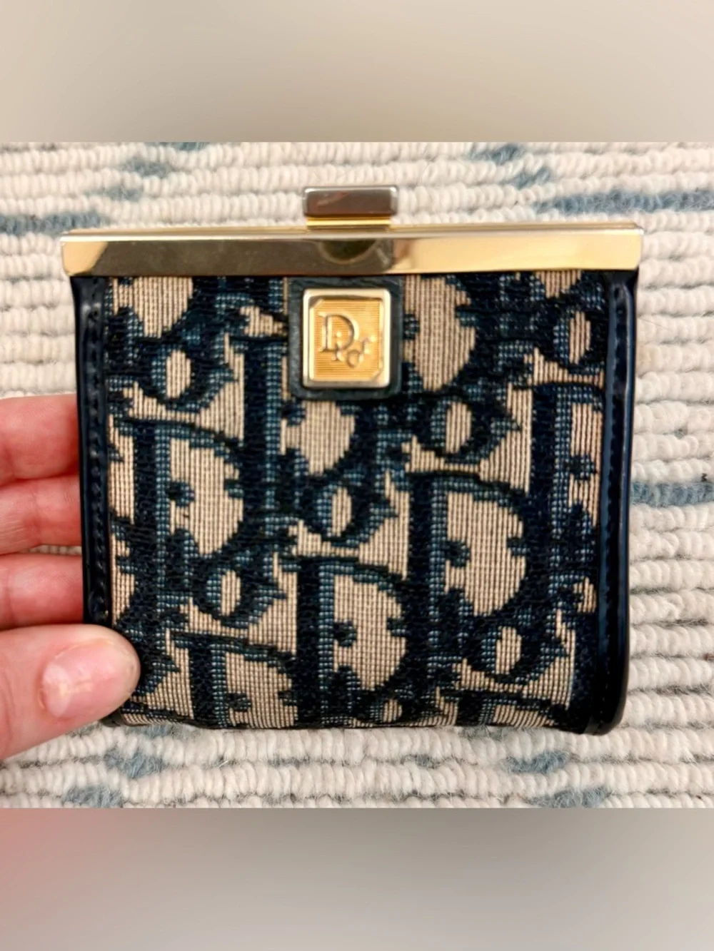 DIOR Vintage Rare Blue Trotter Monogram Canvas Kiss Lock Coin Purse W/ Gold