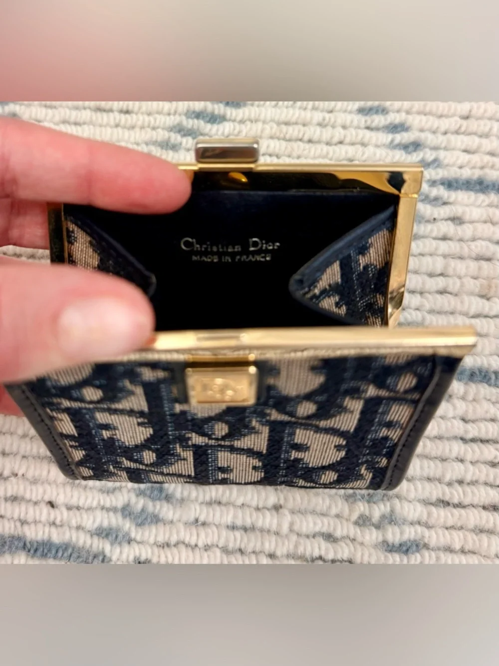 DIOR Vintage Rare Blue Trotter Monogram Canvas Kiss Lock Coin Purse W/ Gold