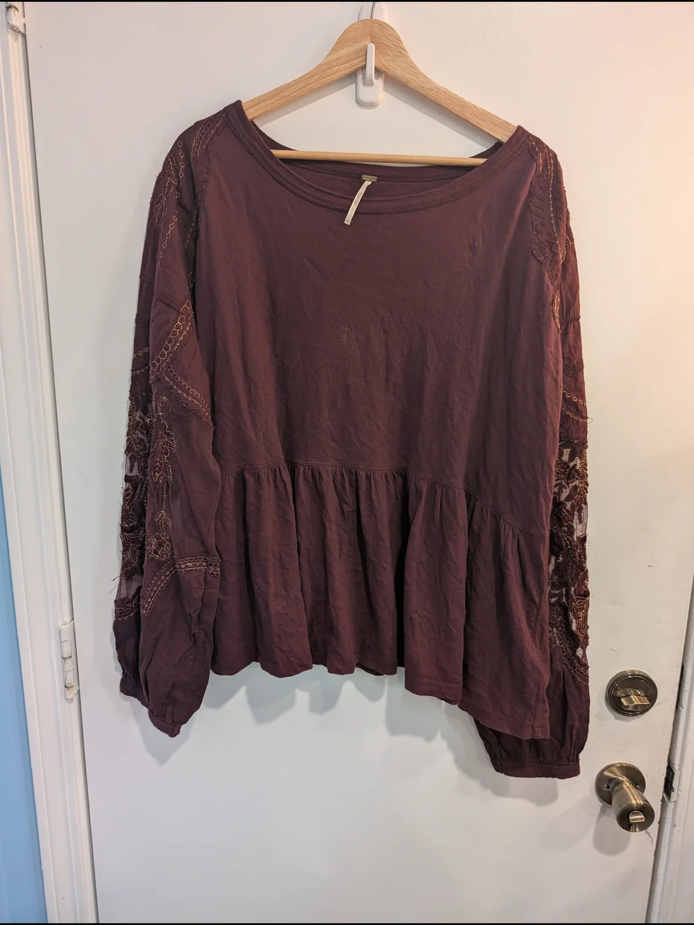 Free People Embellished Lace Detail Long Puff Sleeve Blouse Size Large