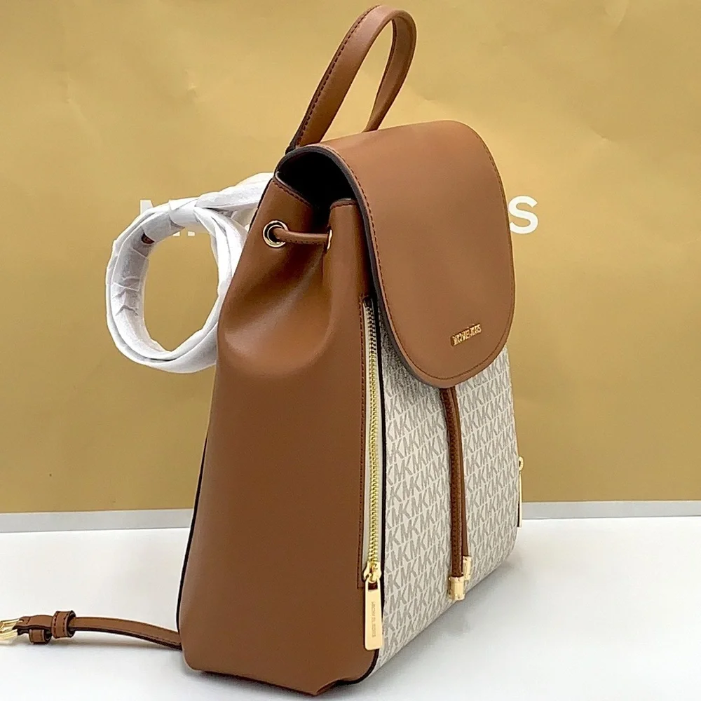MICHAEL KORS PHOEBE MEDIUM DRAWSTRING BACKPACK VANILLA/ BROWN SIGNATURE COLOR